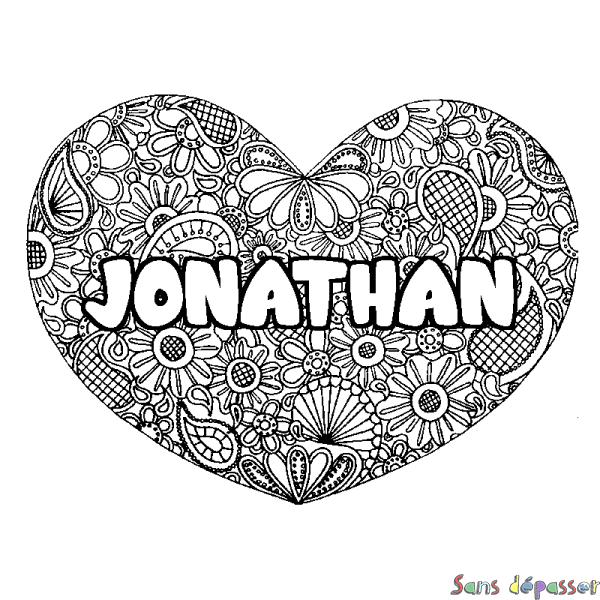 Coloriage pr&eacute;nom JONATHAN - d&eacute;cor Mandala coeur