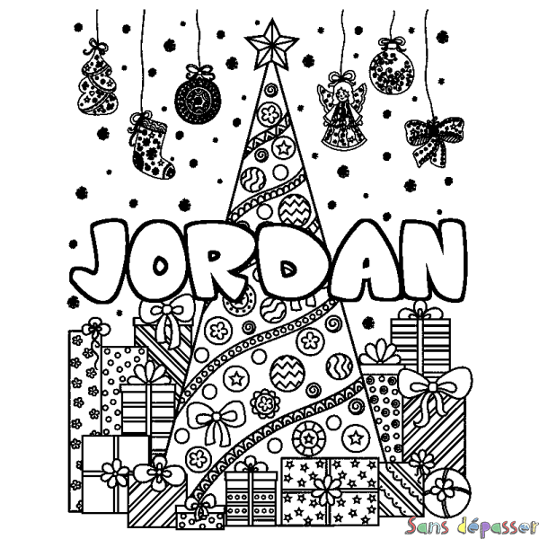 Coloriage pr&eacute;nom JORDAN - d&eacute;cor Sapin et Cadeaux