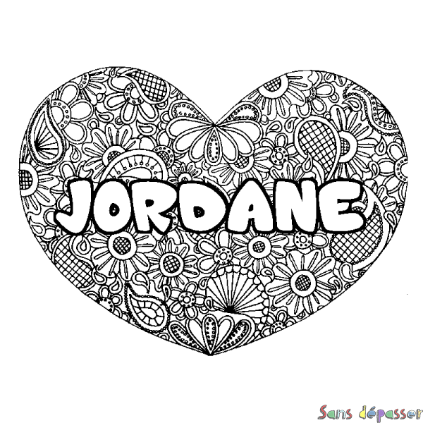 Coloriage pr&eacute;nom JORDANE - d&eacute;cor Mandala coeur