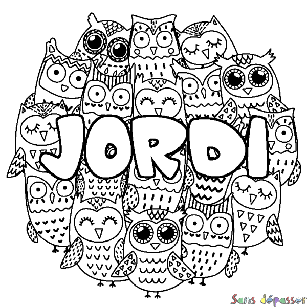 Coloriage pr&eacute;nom JORDI - d&eacute;cor Chouettes