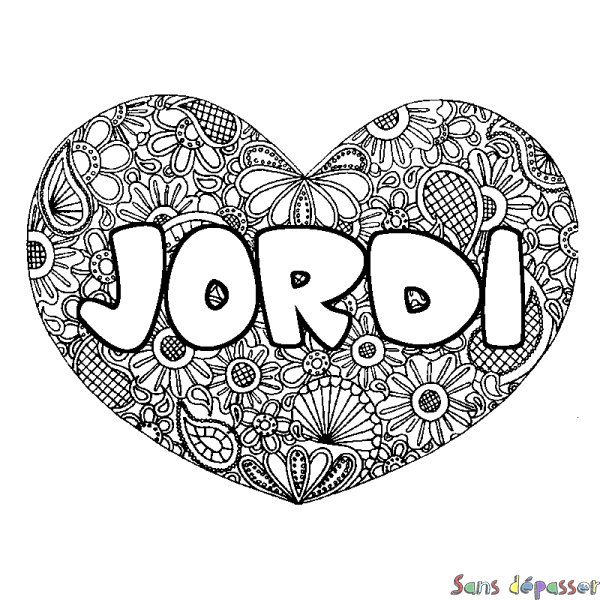 Coloriage pr&eacute;nom JORDI - d&eacute;cor Mandala coeur