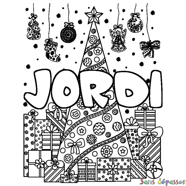 Coloriage pr&eacute;nom JORDI - d&eacute;cor Sapin et Cadeaux