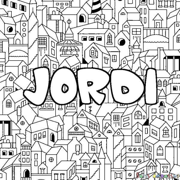Coloriage pr&eacute;nom JORDI - d&eacute;cor Ville