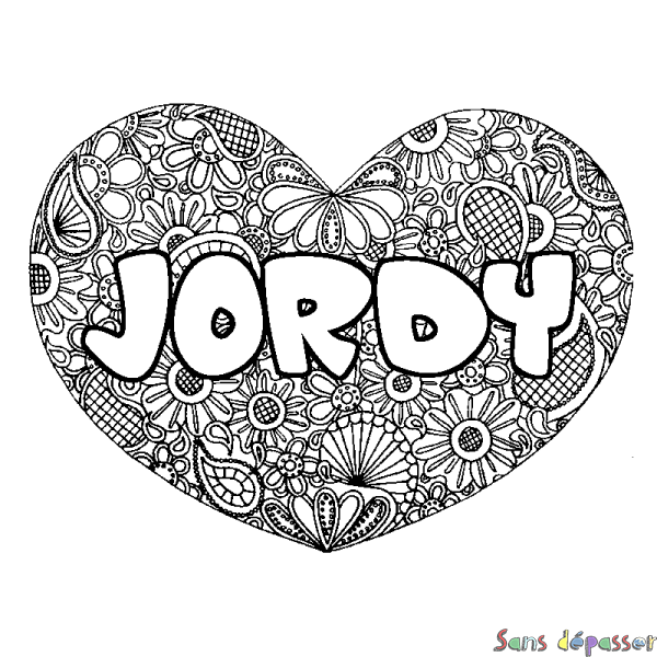 Coloriage pr&eacute;nom JORDY - d&eacute;cor Mandala coeur