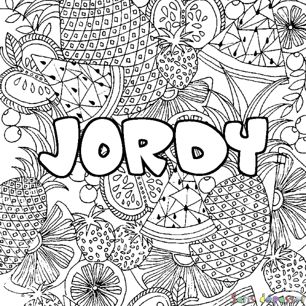 Coloriage pr&eacute;nom JORDY - d&eacute;cor Mandala fruits