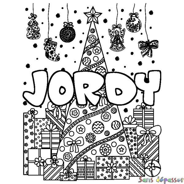 Coloriage pr&eacute;nom JORDY - d&eacute;cor Sapin et Cadeaux