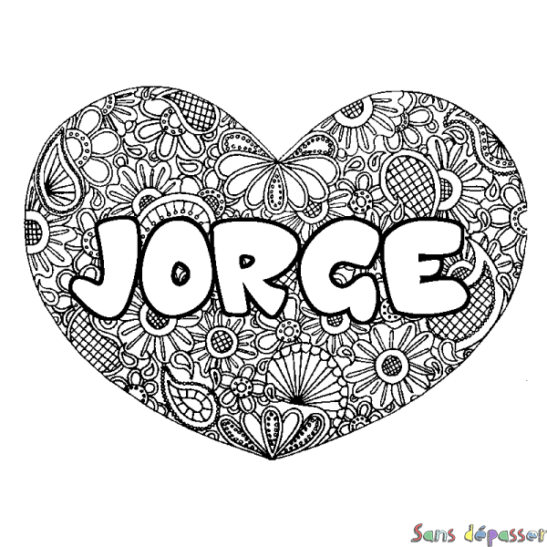 Coloriage pr&eacute;nom JORGE - d&eacute;cor Mandala coeur