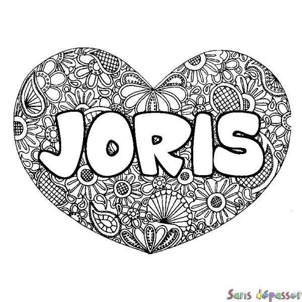 Coloriage pr&eacute;nom JORIS - d&eacute;cor Mandala coeur