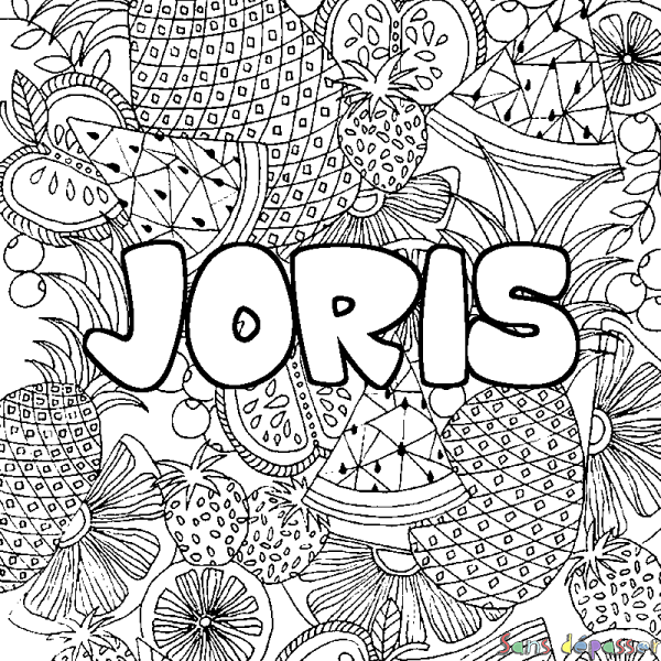 Coloriage pr&eacute;nom JORIS - d&eacute;cor Mandala fruits