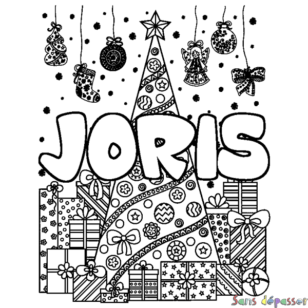 Coloriage pr&eacute;nom JORIS - d&eacute;cor Sapin et Cadeaux