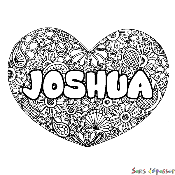 Coloriage pr&eacute;nom JOSHUA - d&eacute;cor Mandala coeur