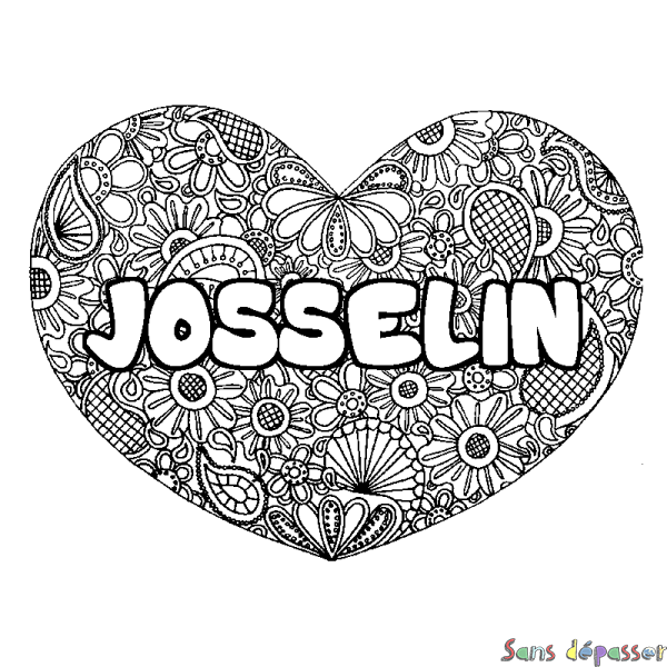 Coloriage pr&eacute;nom JOSSELIN - d&eacute;cor Mandala coeur