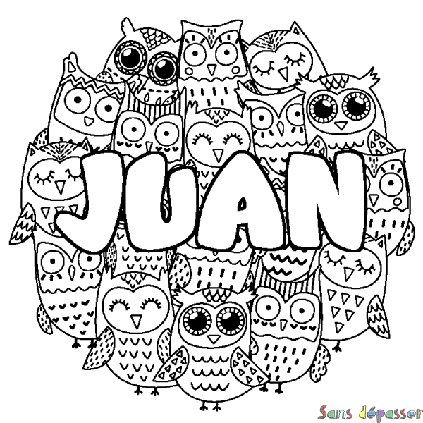 Coloriage pr&eacute;nom JUAN - d&eacute;cor Chouettes