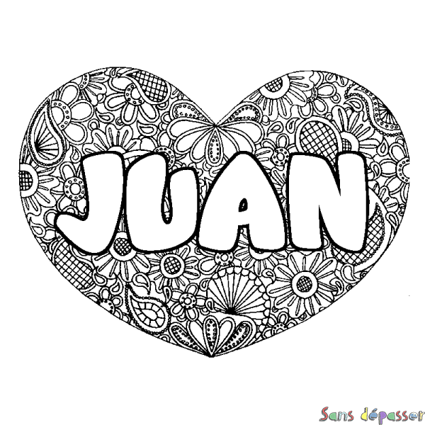 Coloriage pr&eacute;nom JUAN - d&eacute;cor Mandala coeur
