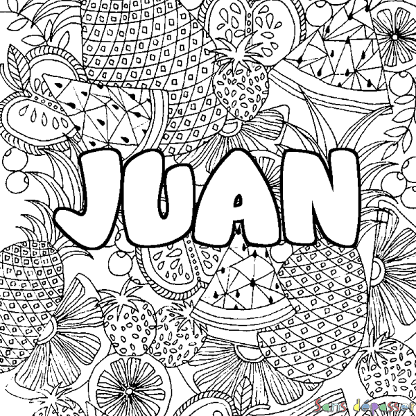 Coloriage pr&eacute;nom JUAN - d&eacute;cor Mandala fruits