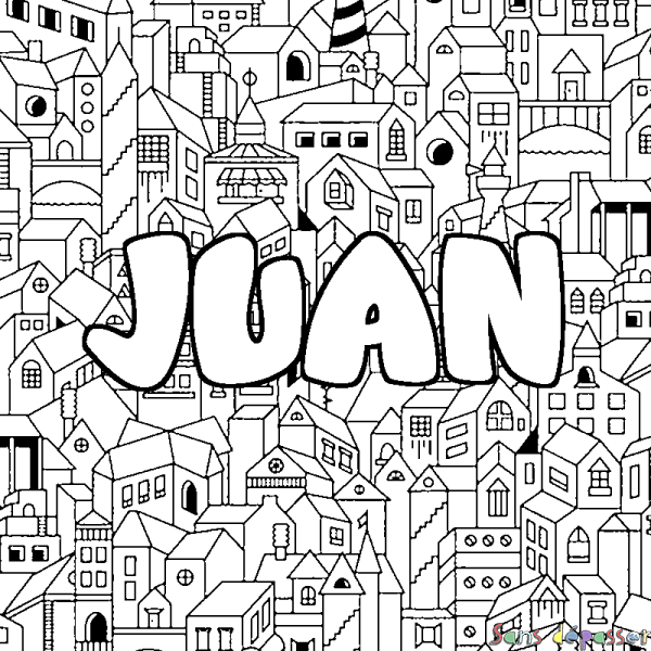 Coloriage pr&eacute;nom JUAN - d&eacute;cor Ville