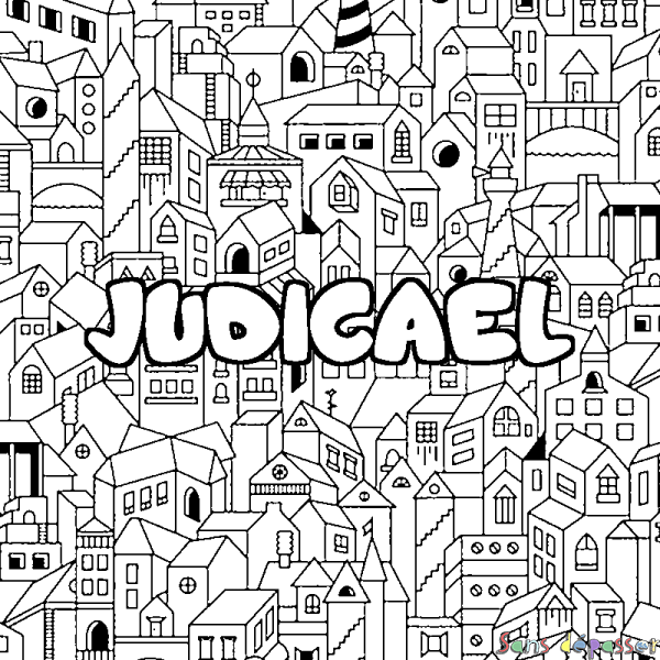 Coloriage prénom JUDICAEL - d&eacute;cor Ville