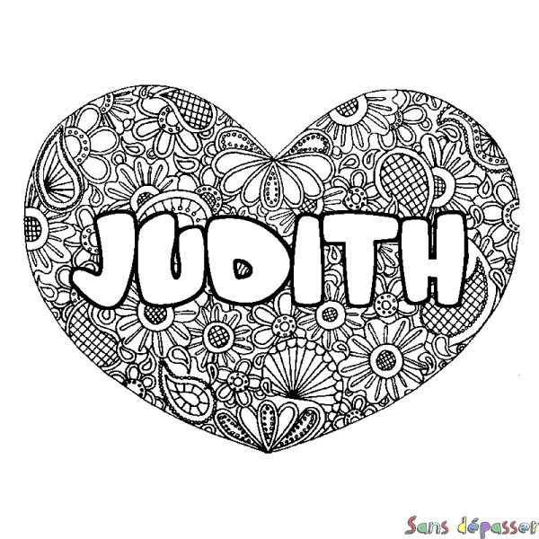 Coloriage pr&eacute;nom JUDITH - d&eacute;cor Mandala coeur
