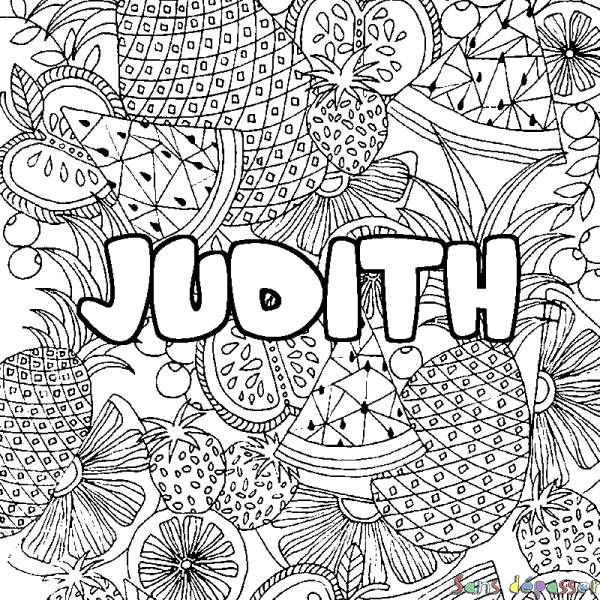 Coloriage pr&eacute;nom JUDITH - d&eacute;cor Mandala fruits