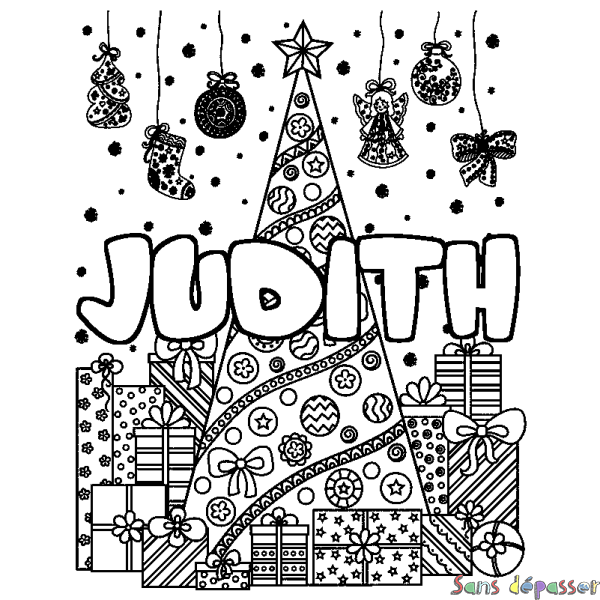 Coloriage prénom JUDITH - d&eacute;cor Sapin et Cadeaux