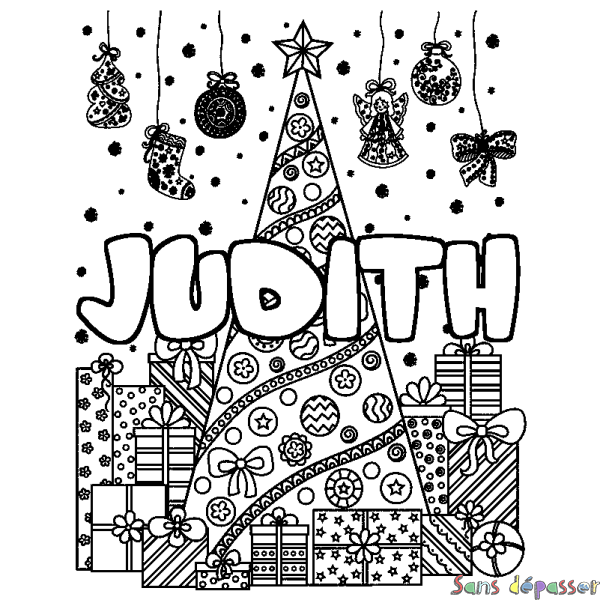 Coloriage pr&eacute;nom JUDITH - d&eacute;cor Sapin et Cadeaux