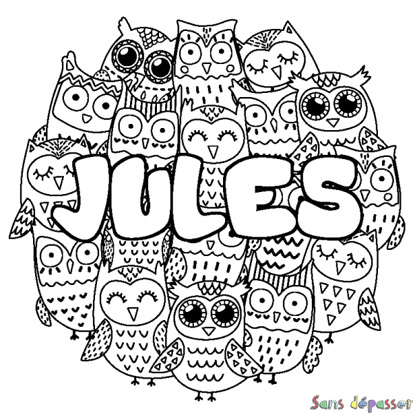 Coloriage prénom JULES - d&eacute;cor Chouettes