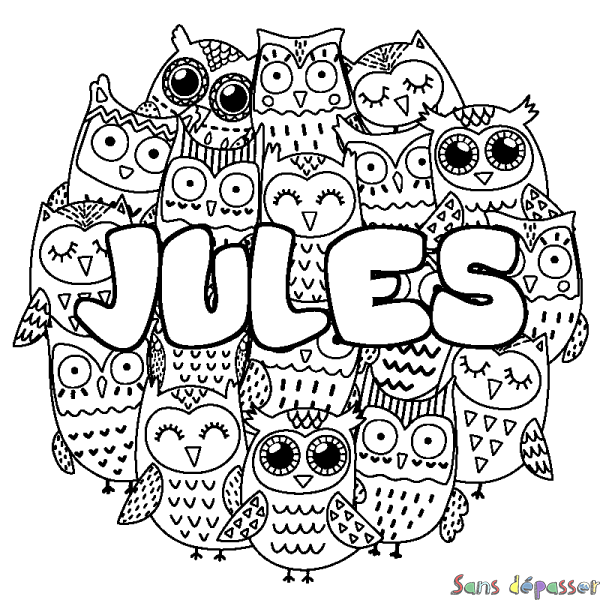 Coloriage pr&eacute;nom JULES - d&eacute;cor Chouettes