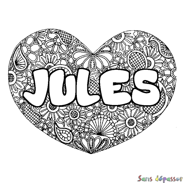 Coloriage prénom JULES - d&eacute;cor Mandala coeur