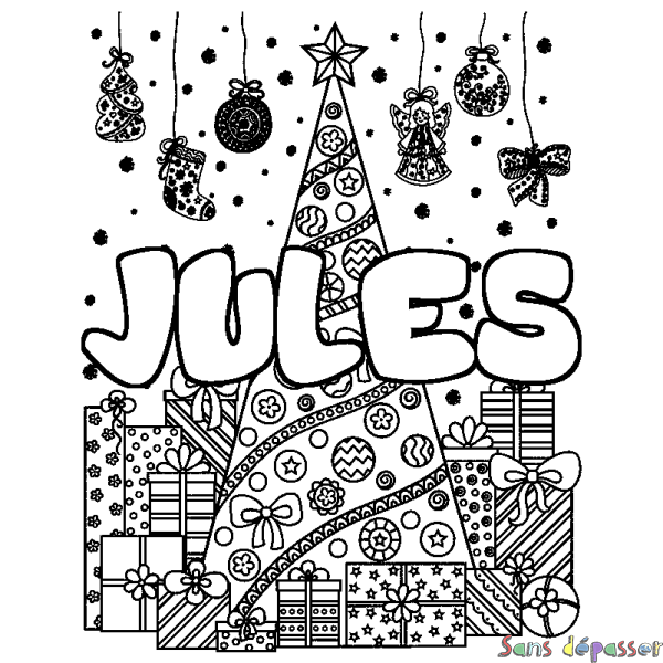 Coloriage prénom JULES - d&eacute;cor Sapin et Cadeaux