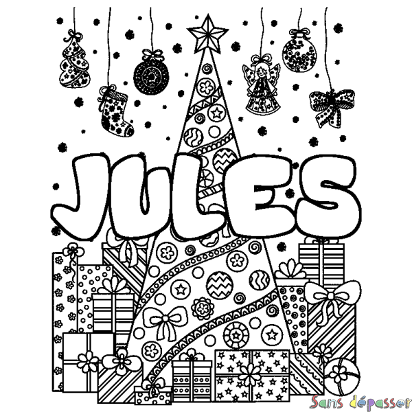 Coloriage pr&eacute;nom JULES - d&eacute;cor Sapin et Cadeaux