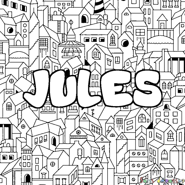 Coloriage pr&eacute;nom JULES - d&eacute;cor Ville