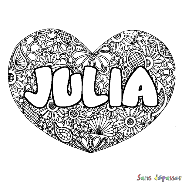 Coloriage prénom JULIA - d&eacute;cor Mandala coeur