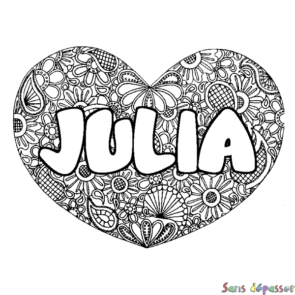 Coloriage pr&eacute;nom JULIA - d&eacute;cor Mandala coeur