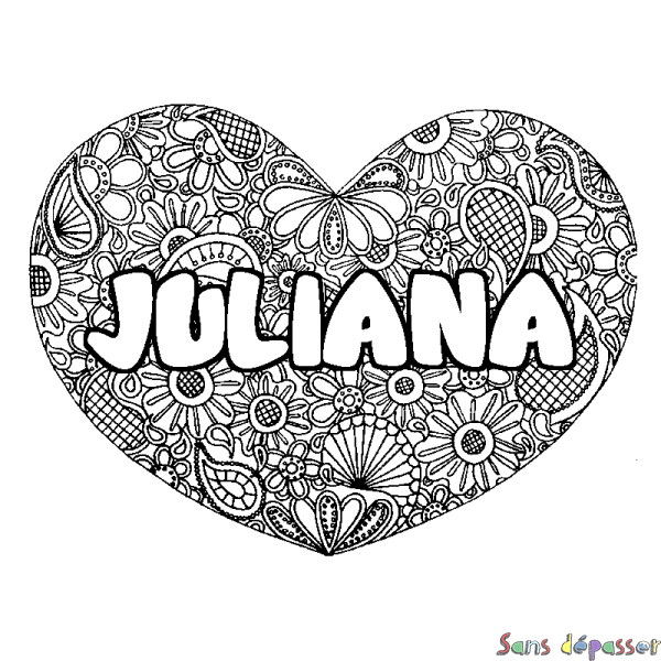 Coloriage prénom JULIANA - d&eacute;cor Mandala coeur