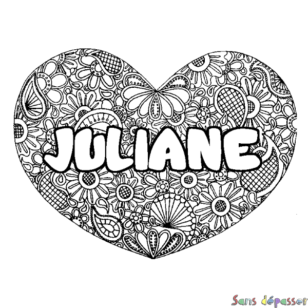 Coloriage pr&eacute;nom JULIANE - d&eacute;cor Mandala coeur