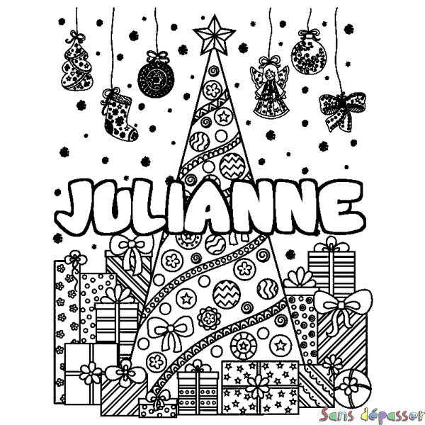 Coloriage prénom JULIANNE - d&eacute;cor Sapin et Cadeaux