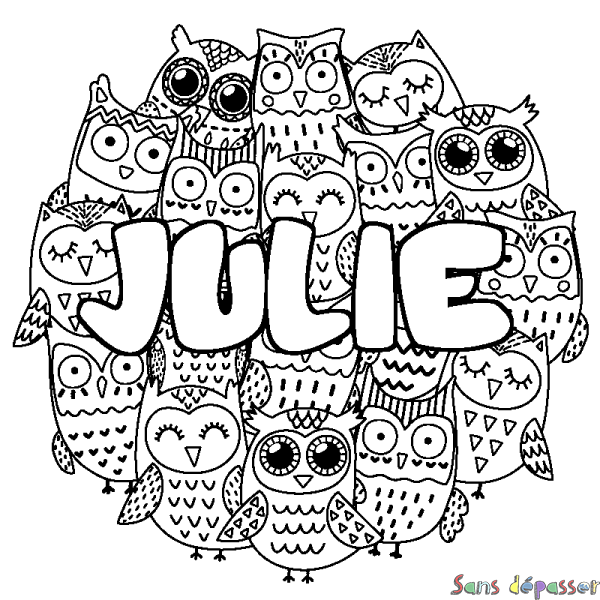 Coloriage pr&eacute;nom JULIE - d&eacute;cor Chouettes