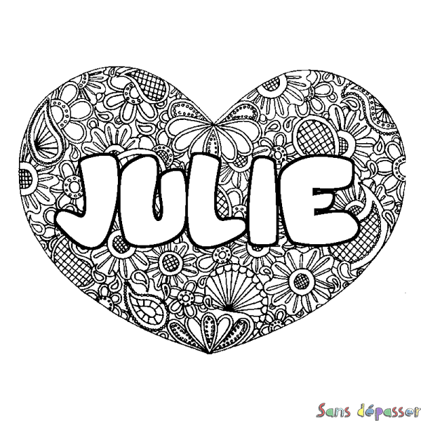 Coloriage pr&eacute;nom JULIE - d&eacute;cor Mandala coeur