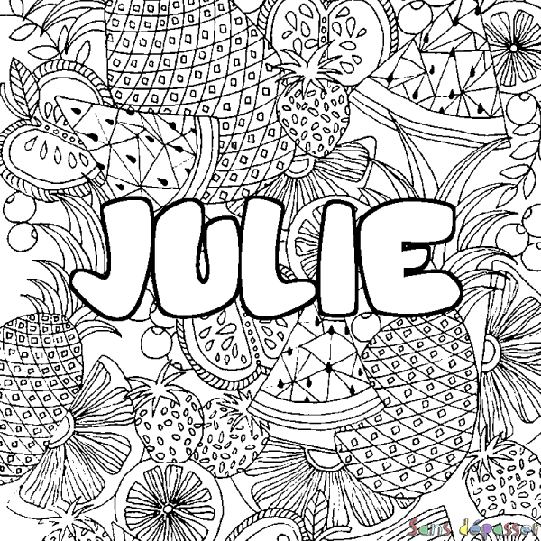 Coloriage pr&eacute;nom JULIE - d&eacute;cor Mandala fruits