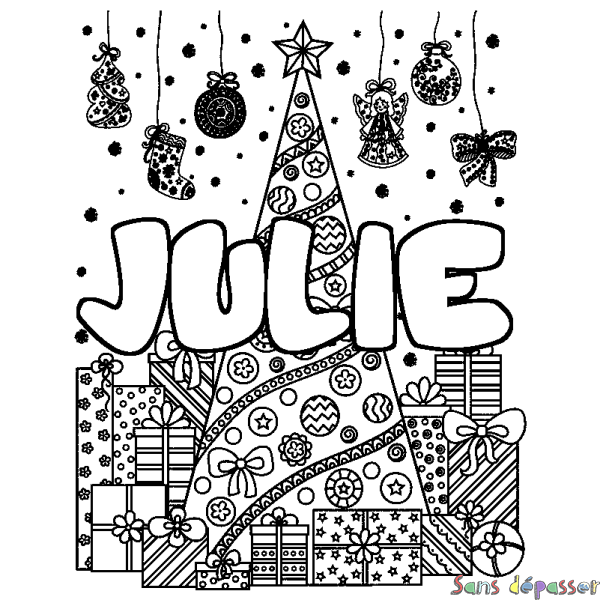 Coloriage prénom JULIE - d&eacute;cor Sapin et Cadeaux