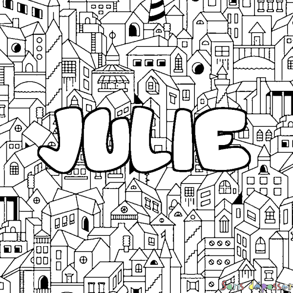 Coloriage pr&eacute;nom JULIE - d&eacute;cor Ville