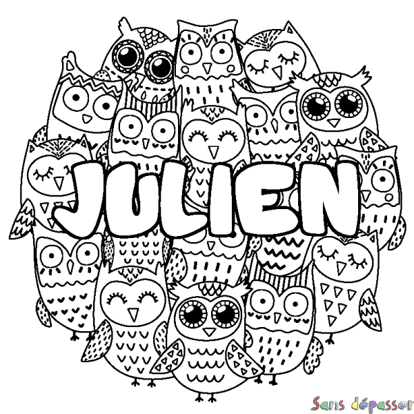 Coloriage pr&eacute;nom JULIEN - d&eacute;cor Chouettes