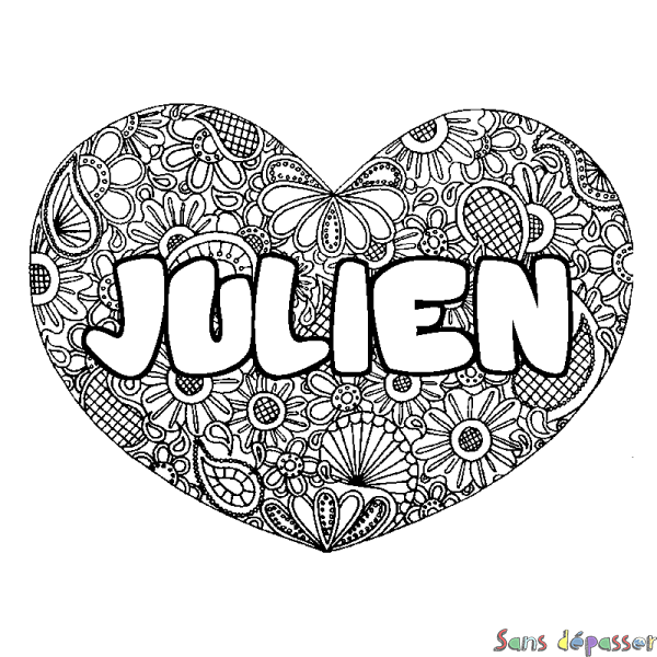 Coloriage pr&eacute;nom JULIEN - d&eacute;cor Mandala coeur