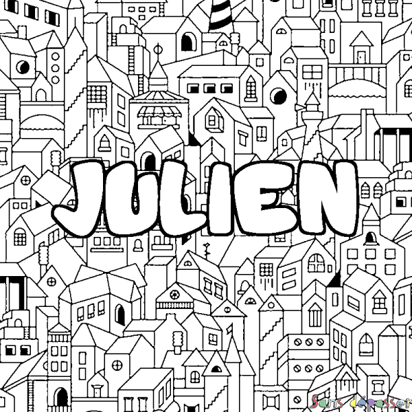 Coloriage pr&eacute;nom JULIEN - d&eacute;cor Ville