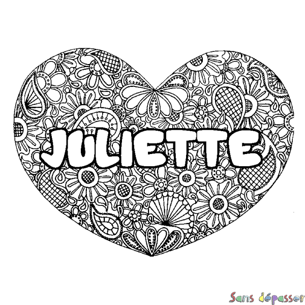 Coloriage prénom JULIETTE - d&eacute;cor Mandala coeur