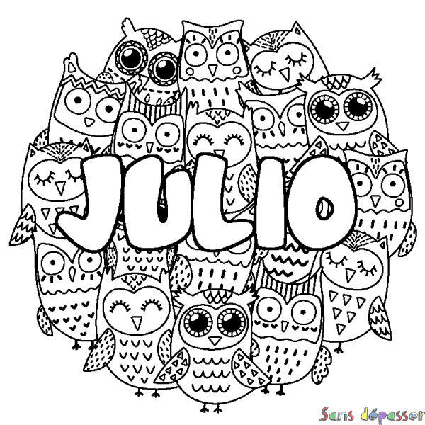 Coloriage pr&eacute;nom JULIO - d&eacute;cor Chouettes