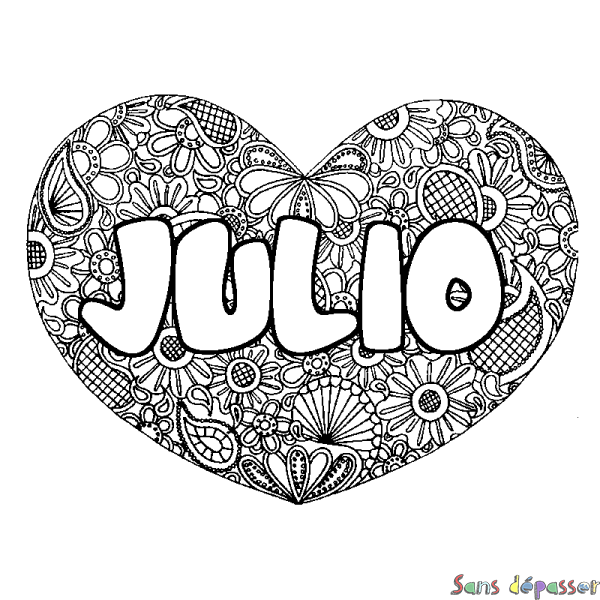 Coloriage pr&eacute;nom JULIO - d&eacute;cor Mandala coeur