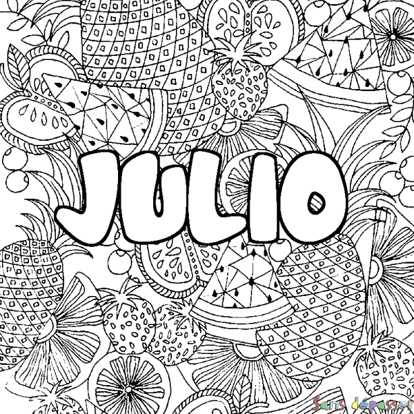 Coloriage pr&eacute;nom JULIO - d&eacute;cor Mandala fruits