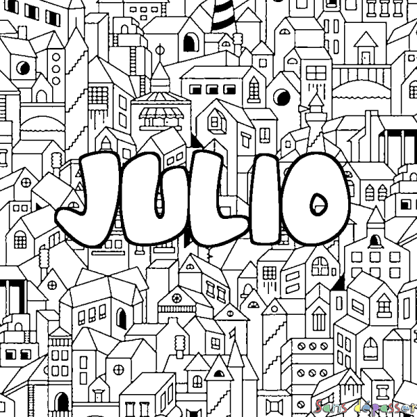 Coloriage pr&eacute;nom JULIO - d&eacute;cor Ville