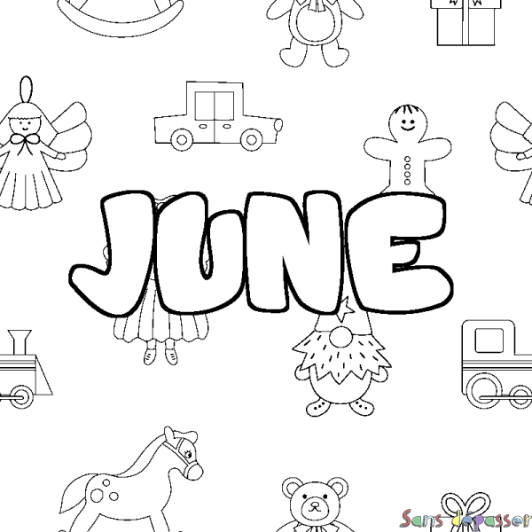 Coloriage pr&eacute;nom JUNE - d&eacute;cor Jouets